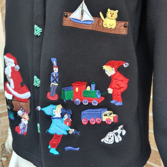 Karen Scott Woman's Christmas  Sweater w/ Santa, Elves & Tree Buttons - Picture 3 of 7